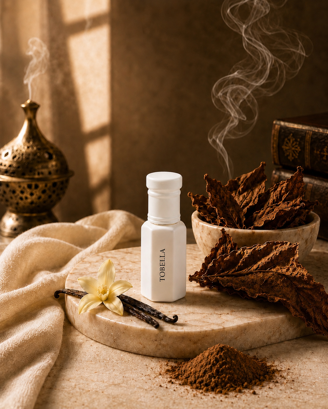 A small white bottle labeled TOBELLA stands on a stone slab surrounded by warm-toned props, including dried tobacco leaves in a bowl, vanilla beans and flower, a pile of brown spices powder, and a draped cloth. Steam rises in the background, and the scene is lit with soft directional light.