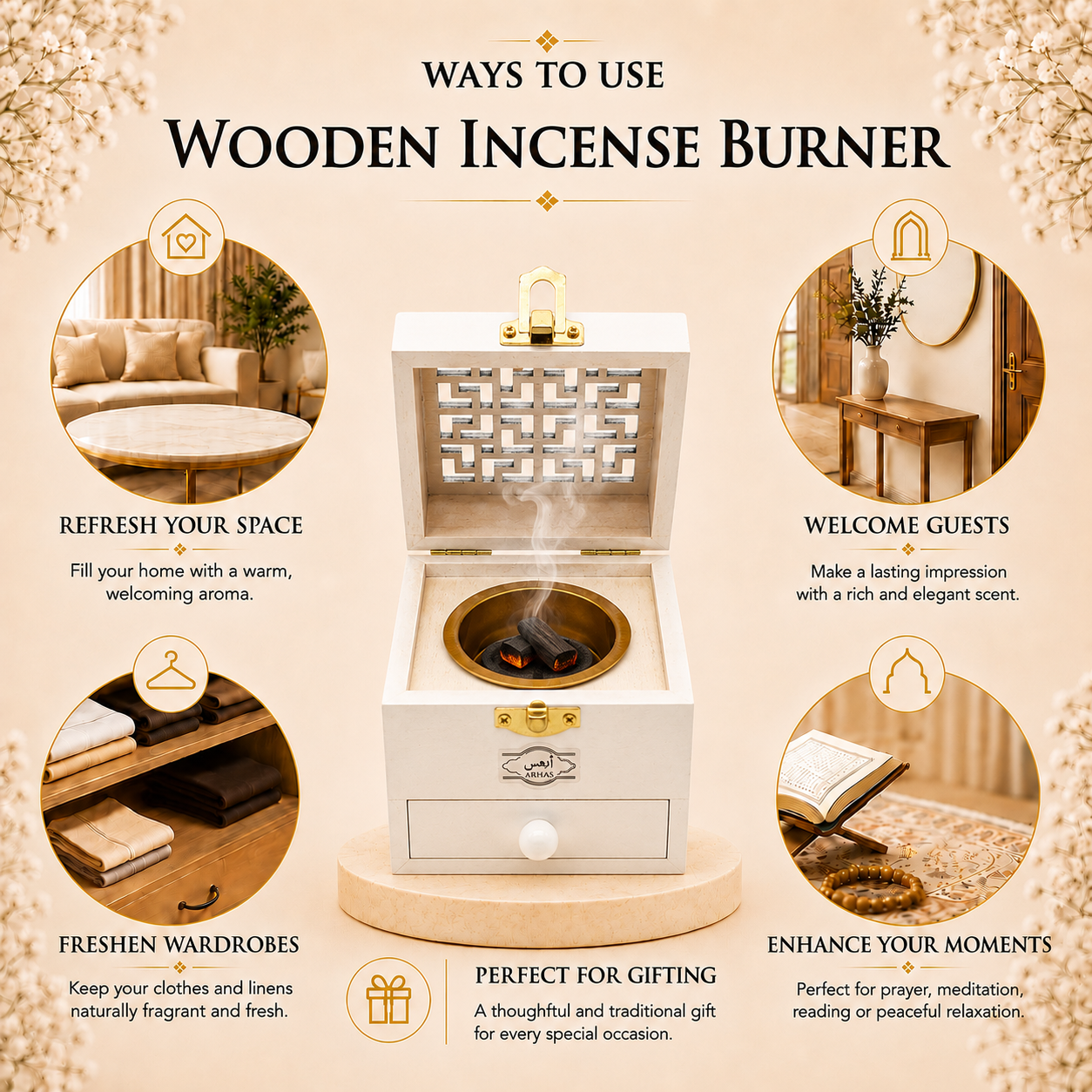 Wooden Bakhoor Burner | Handcrafted Charcoal Mabkhara