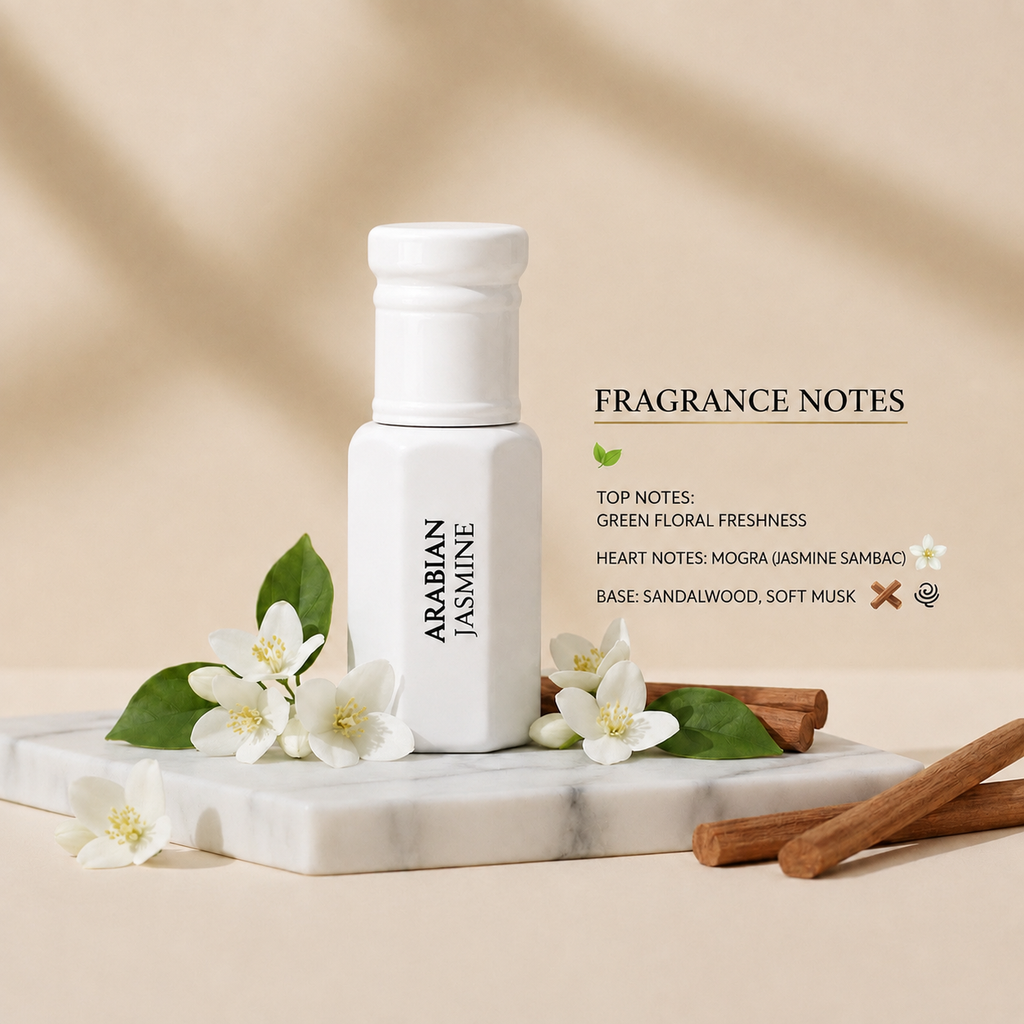 Arhas Arabian Jasmine fragrance notes - green floral top, mogra jasmine sambac heart, sandalwood and musk base