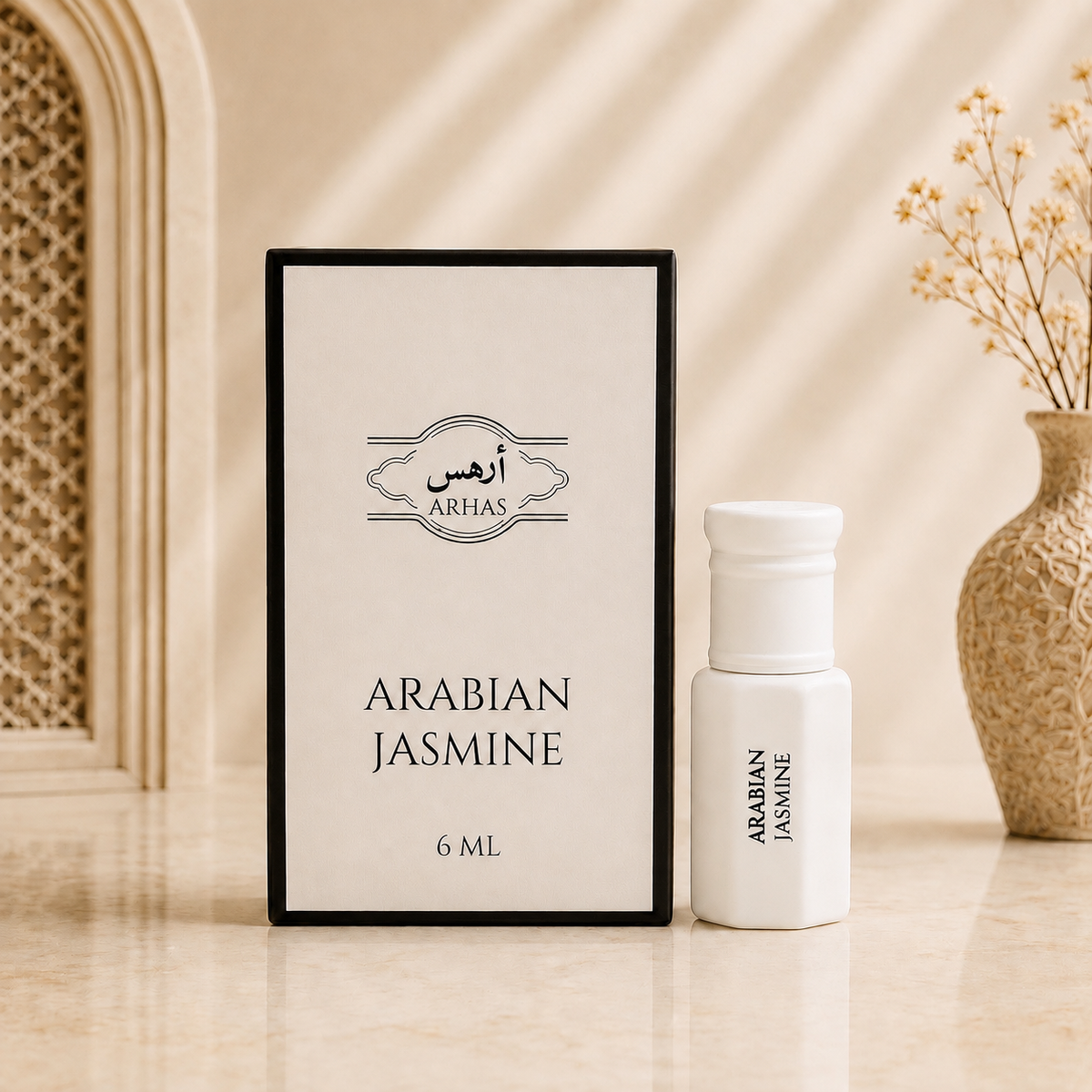Arhas Arabian Jasmine alcohol-free perfume oil attar, 6ml bottle with box, Middle Eastern jasmine fragrance