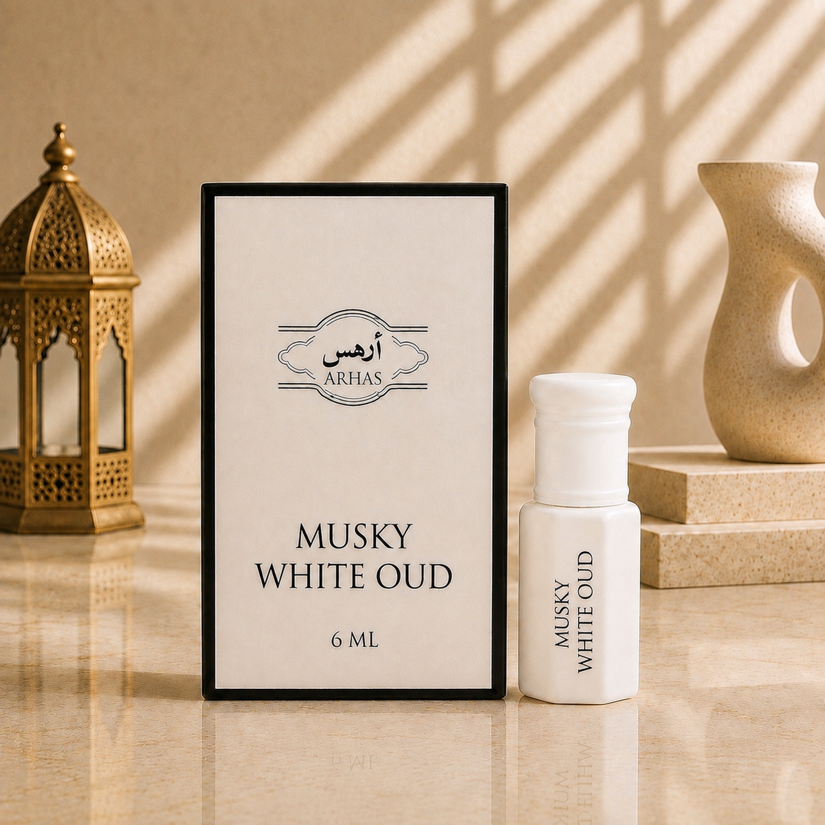 Arhas Musky White Oud alcohol-free perfume oil attar, 6ml bottle with box, Middle Eastern Oud fragrance