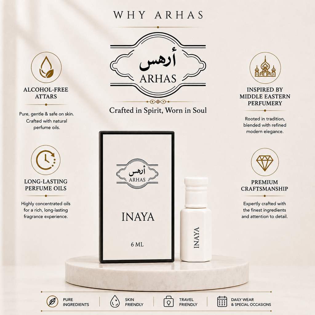 Why choose Arhas Inaya- alcohol-free natural attar oils, long-lasting Middle Eastern inspired perfume, premium craftsmanship