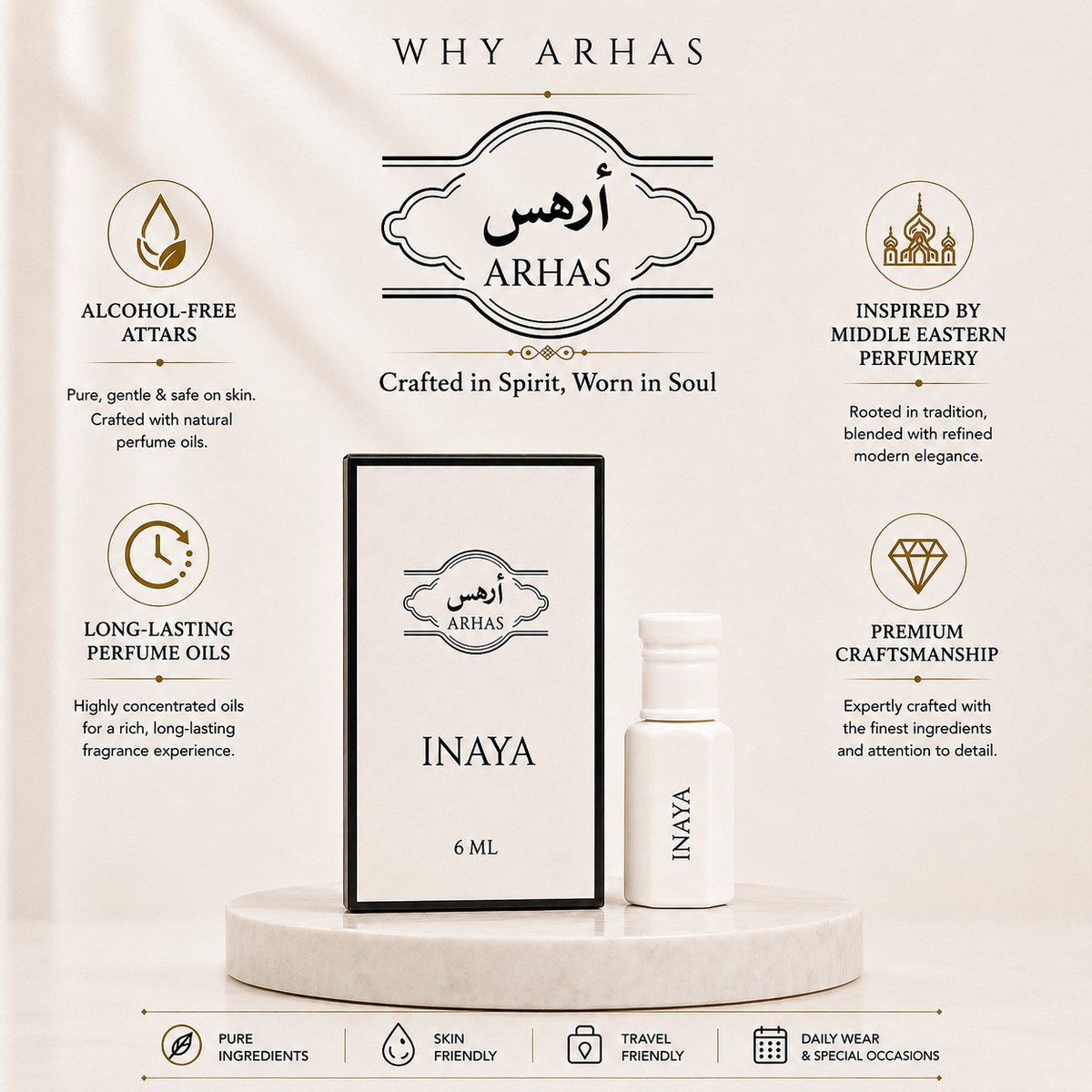 Why choose Arhas Inaya- alcohol-free natural attar oils, long-lasting Middle Eastern inspired perfume, premium craftsmanship