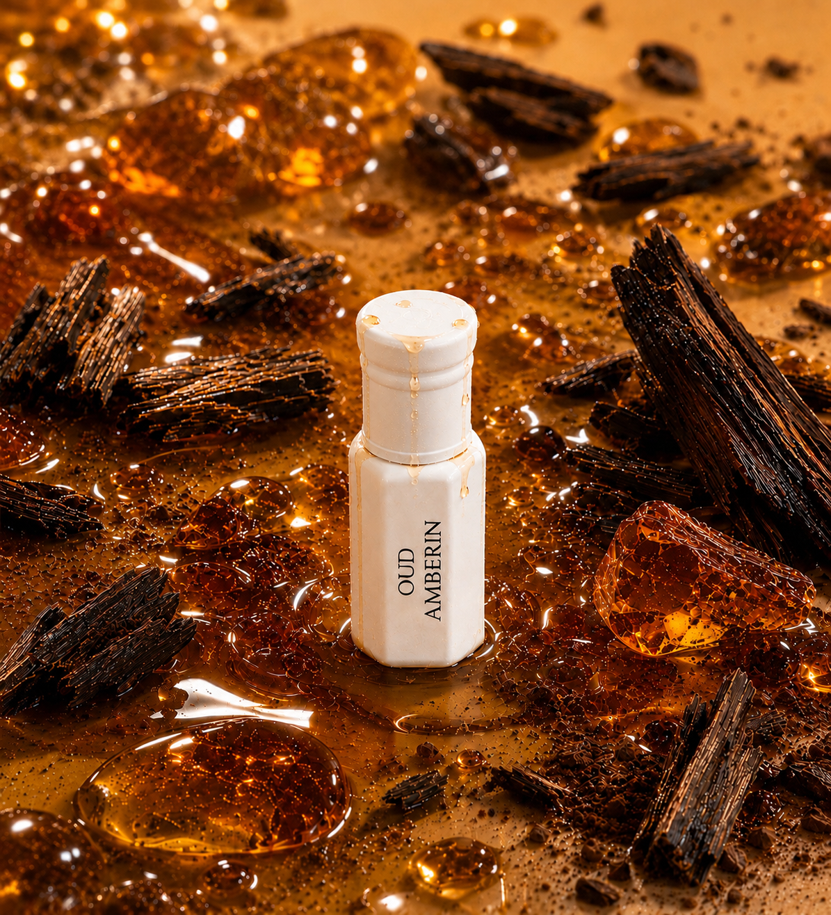 A small white bottle labeled 'OUD AMBERIN' stands in a glossy pool of amber resin with dark oud  pieces scattered around it. The bottle is centered and the amber liquid fills the frame, creating a rich, warm, and glossy composition.