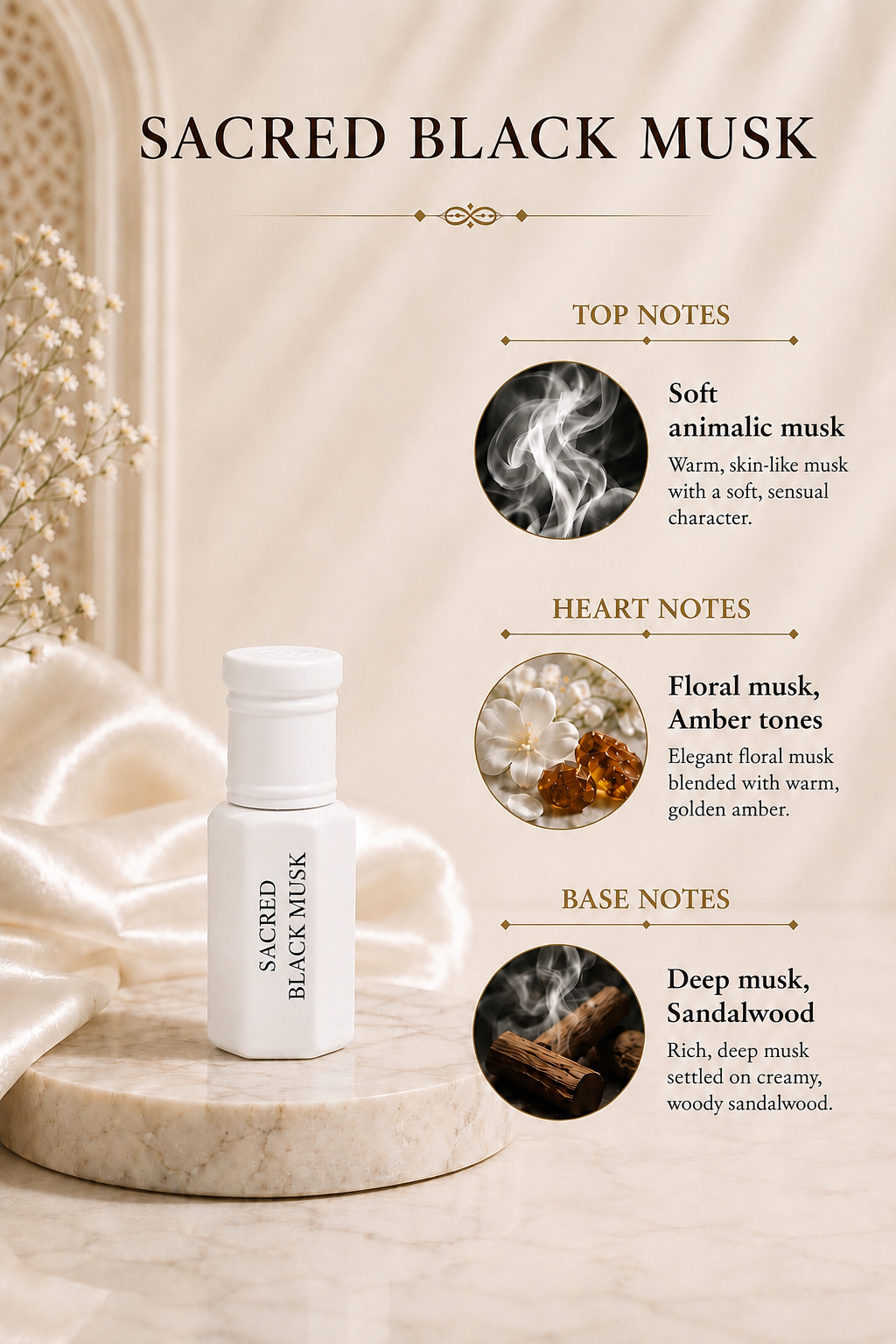 Arhas Sacred black Musk fragrance notes -soft musk top, floral and amber heart, sandalwood and deep musk base