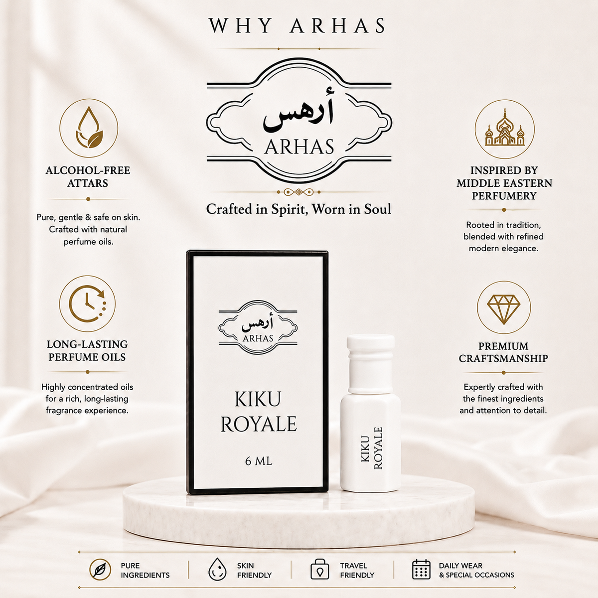 Why choose Arhas Kiku Royale attar - alcohol-free natural attar oils, long-lasting Middle Eastern inspired perfume, premium craftsmanship