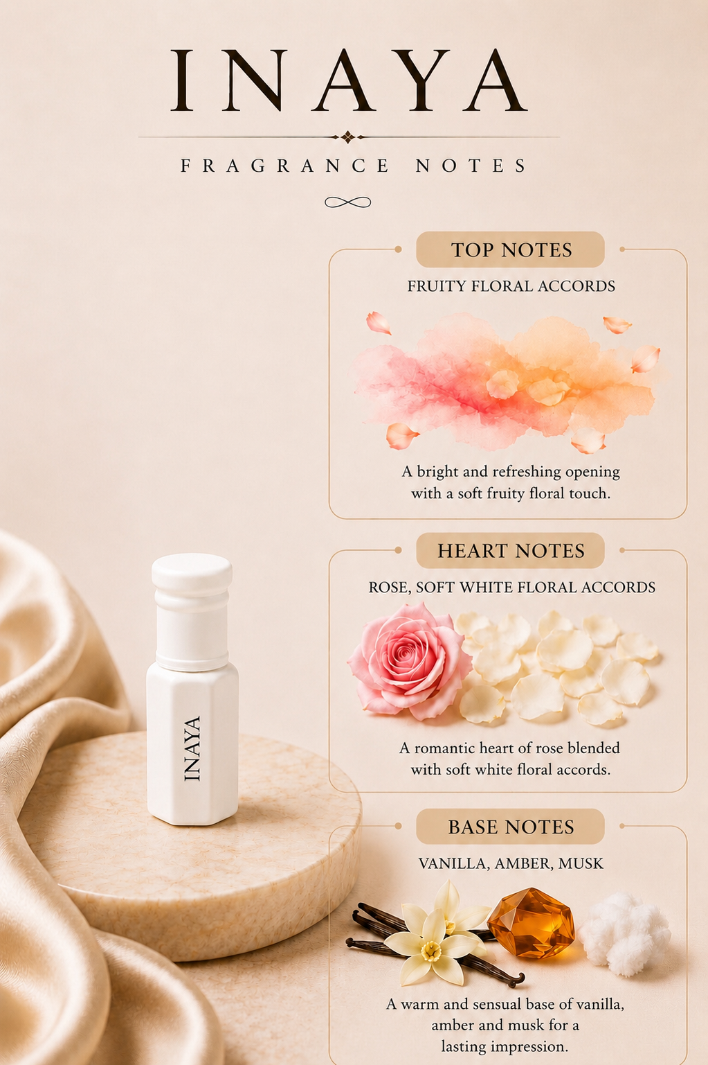 Arhas Inaya fragrance notes - fruity floral top, rose floral heart, vanilla, amber and musk base