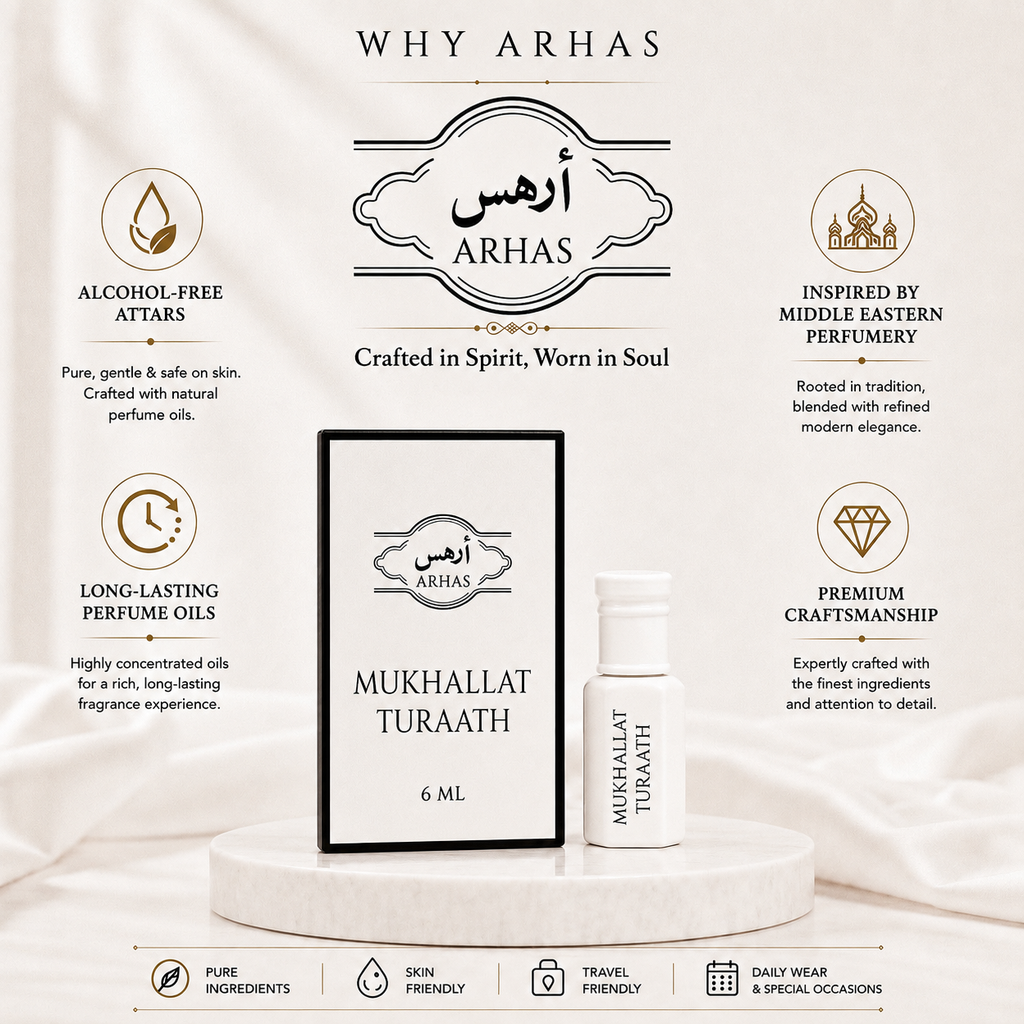 Why choose Arhas Mukhallat Turaath- alcohol-free natural attar oils, long-lasting Middle Eastern inspired perfume, premium craftsmanship