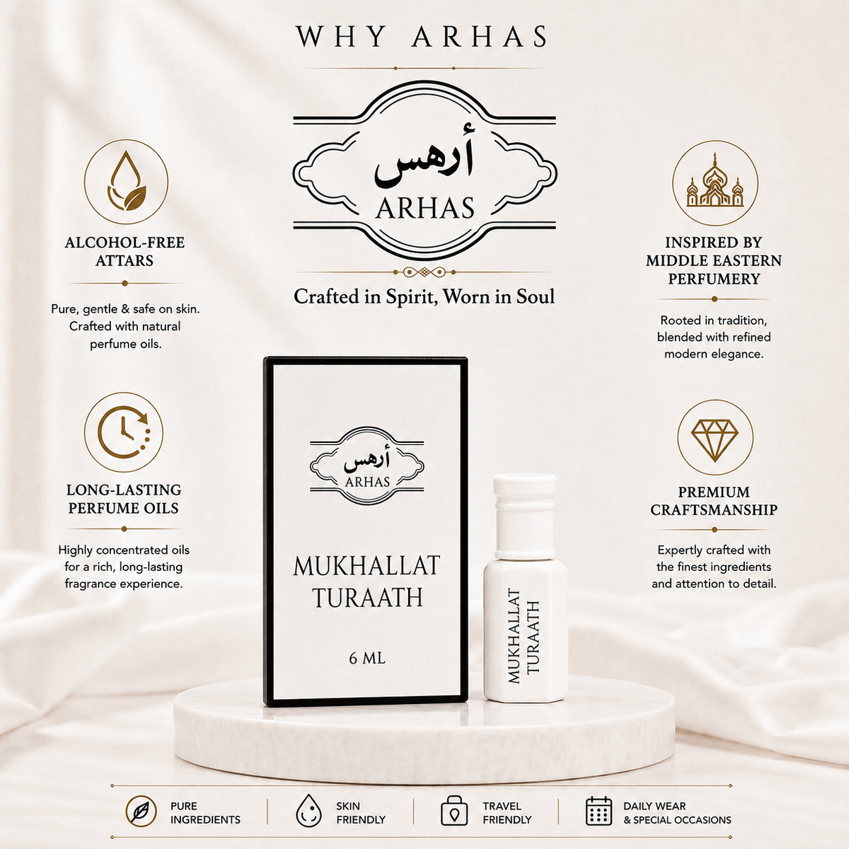 Why choose Arhas Mukhallat Turaath- alcohol-free natural attar oils, long-lasting Middle Eastern inspired perfume, premium craftsmanship