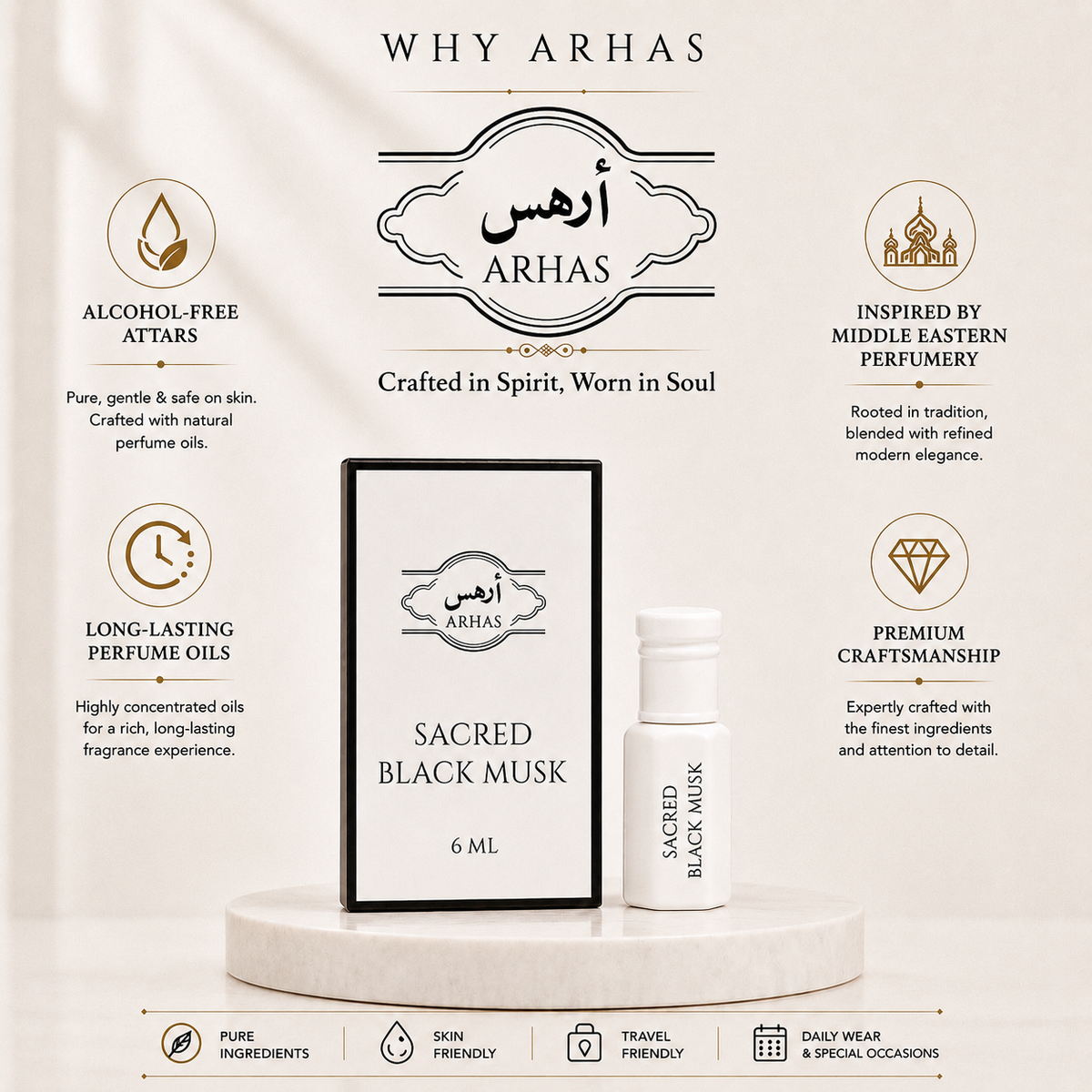 Why choose Arhas Sacred black Musk - alcohol-free natural attar oils, long-lasting Middle Eastern inspired perfume, premium craftsmanship