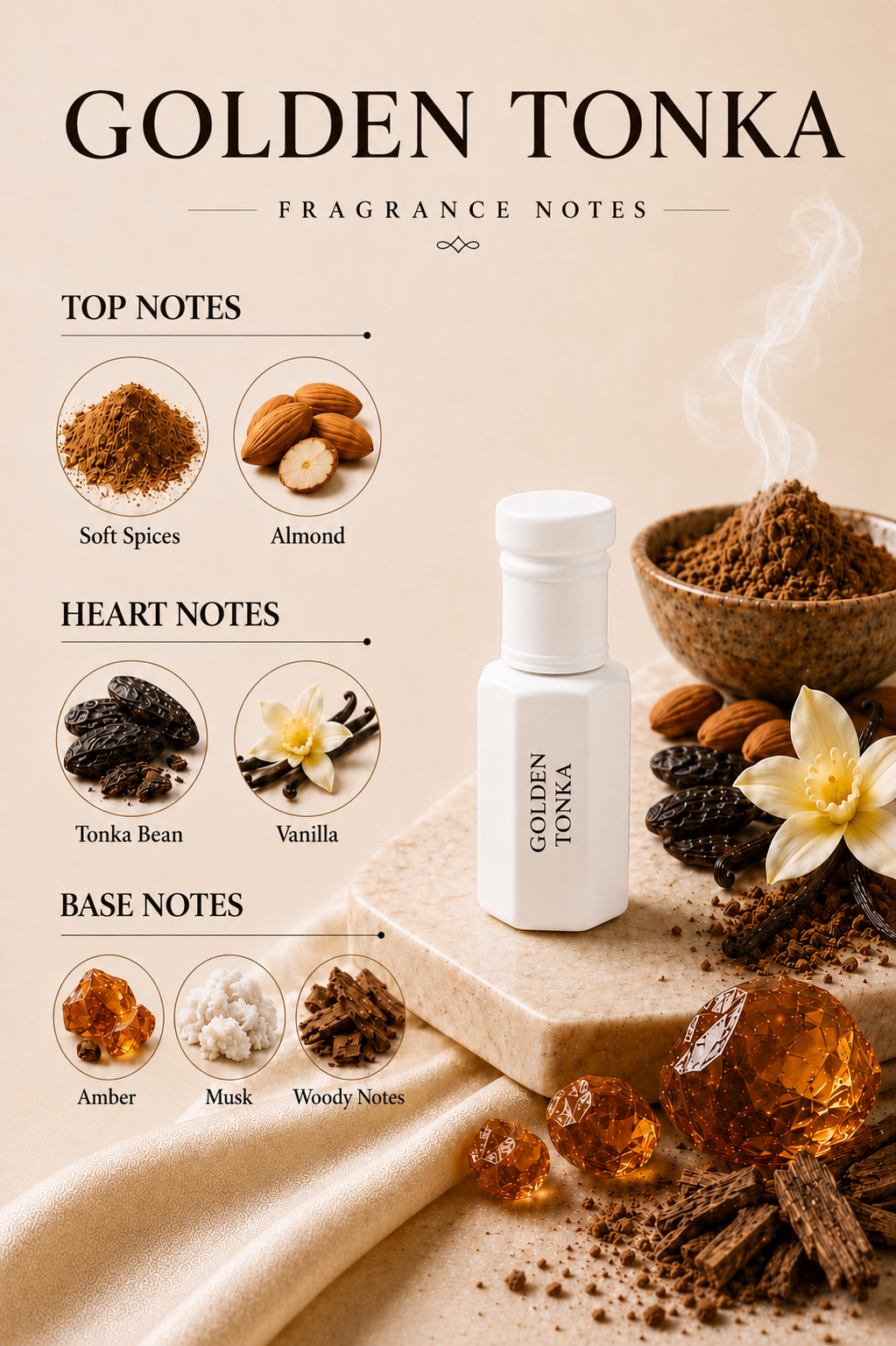 Arhas Golden Tonka  fragrance notes - soft spices  top, tonic vanilla heart, amber and musk base