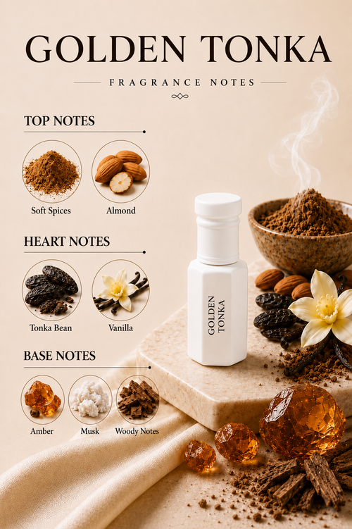 Arhas Golden Tonka  fragrance notes - soft spices  top, tonic vanilla heart, amber and musk base