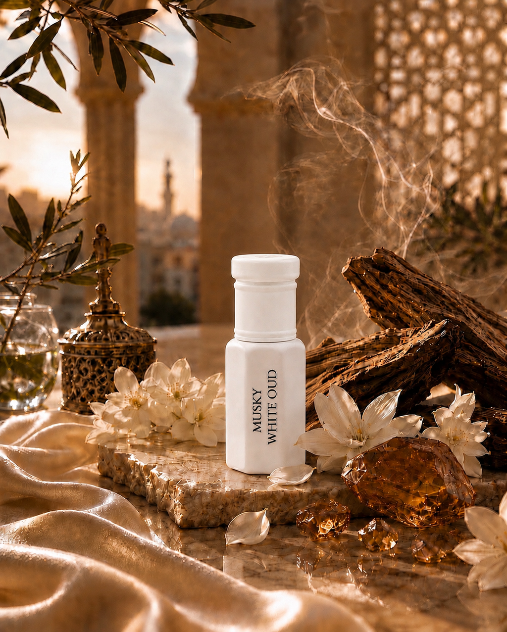 A white bottle labeled 'MUSKY WHITE OUD' stands on a stone slab surrounded by white flowers, amber honey, dried wood, and draped satin, with a warm outdoor architectural background and visible smoke.
