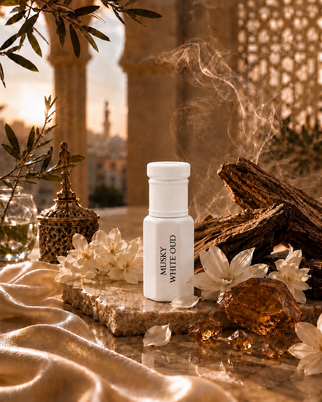 A white bottle labeled 'MUSKY WHITE OUD' stands on a stone slab surrounded by white flowers, amber honey, dried wood, and draped satin, with a warm outdoor architectural background and visible smoke.
