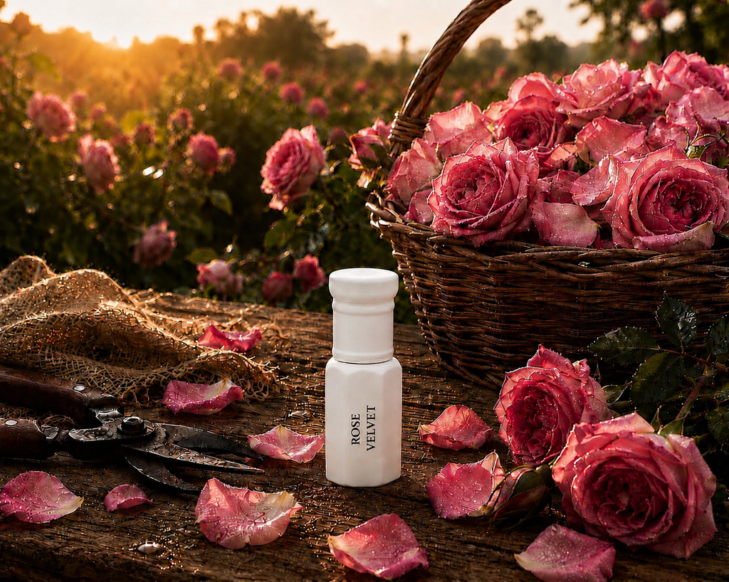 A small white bottle labeled ROSE VELVET stands on a rustic wooden surface outdoors, surrounded by pink roses, petals, shears, burlap, and a wicker basket filled with roses at sunset.