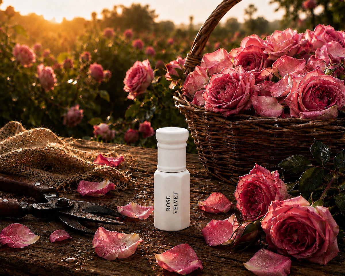 A small white bottle labeled ROSE VELVET stands on a rustic wooden surface outdoors, surrounded by pink roses, petals, shears, burlap, and a wicker basket filled with roses at sunset.