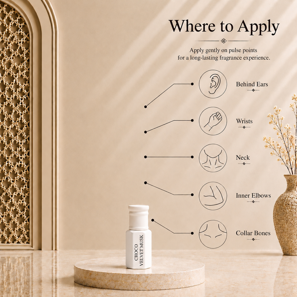 How to apply Arhas Arabian Jasmine perfume oil - pulse points: behind ears, wrists, neck, elbows, collarbone