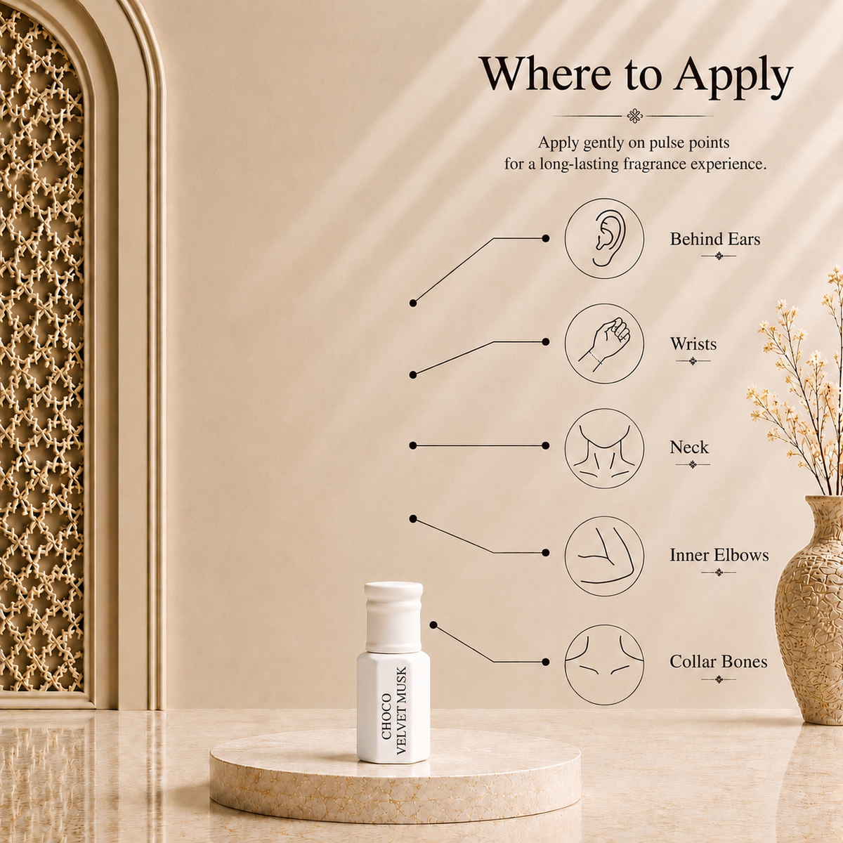 How to apply Arhas Arabian Jasmine perfume oil - pulse points: behind ears, wrists, neck, elbows, collarbone