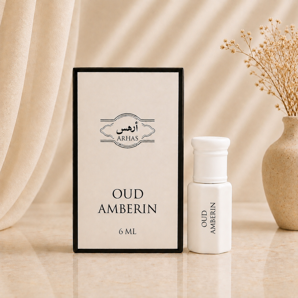 Arhas Oud Amberin  alcohol-free perfume oil attar, 6ml bottle with box, Middle Eastern Oud Amber fragrance