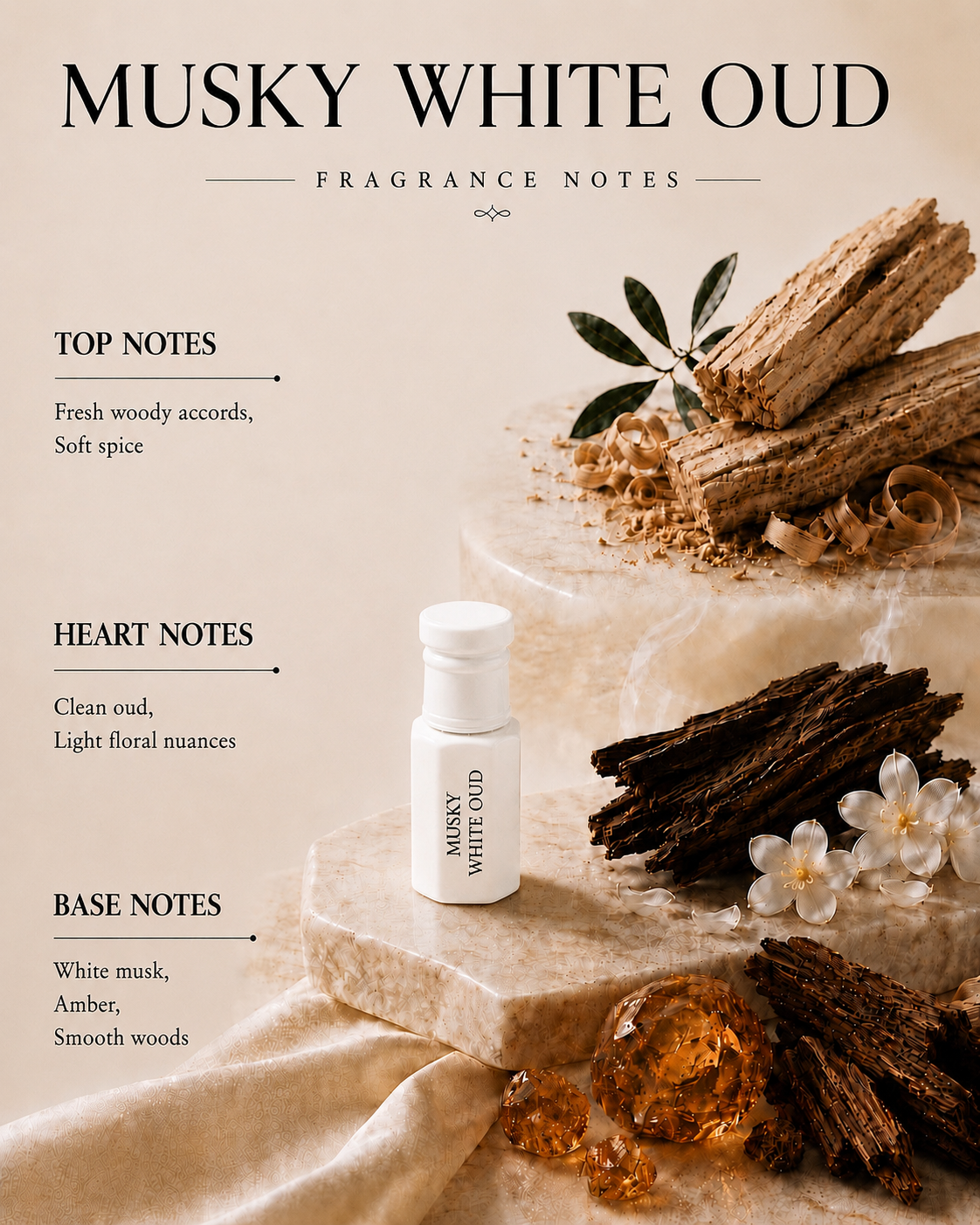 Arhas Musky White Oud  fragrance notes - fresh Woody top, Clean Oud heart, Amber and White Musk base