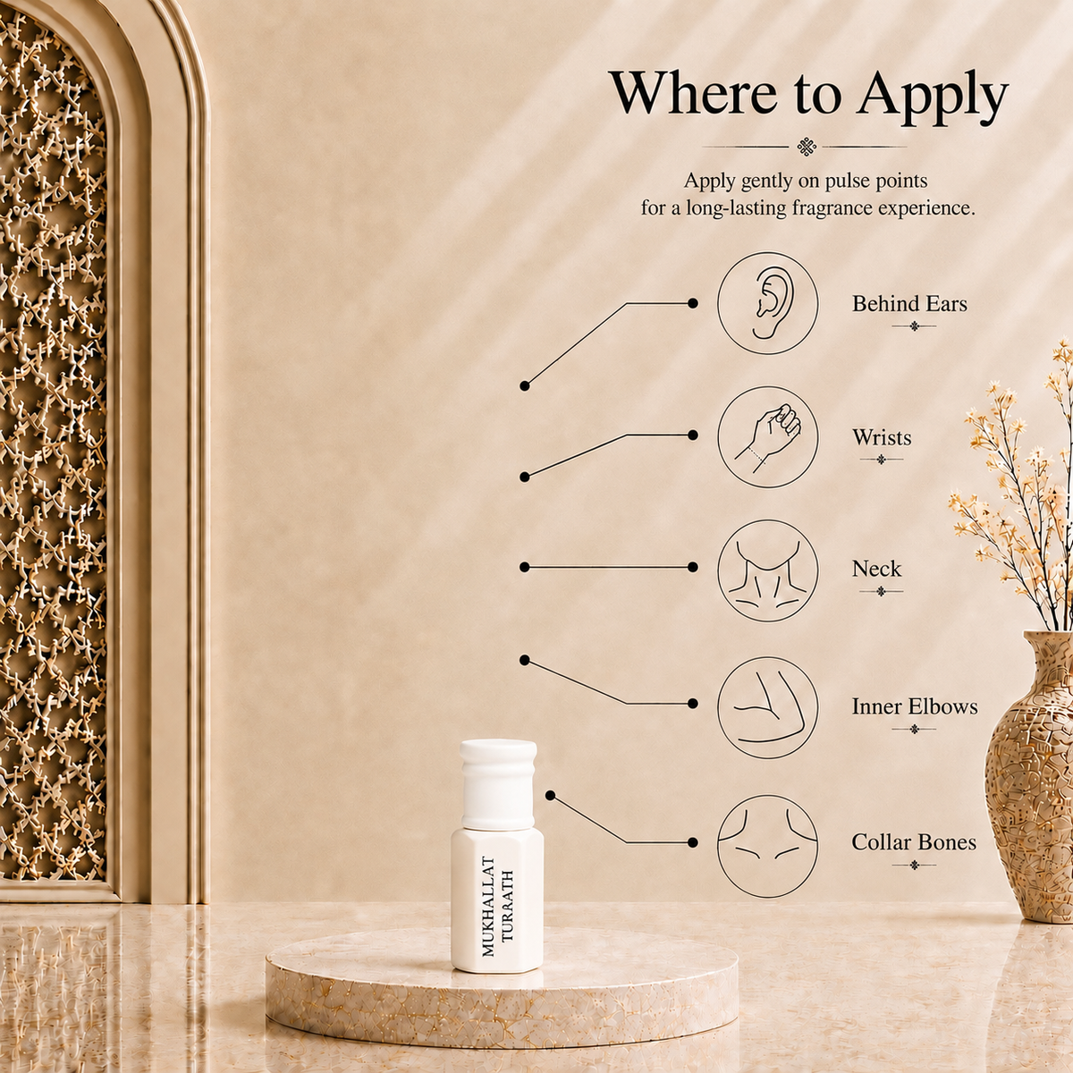 How to apply Arhas Mukhallat Turaath perfume oil - pulse points: behind ears, wrists, neck, elbows, collarbone