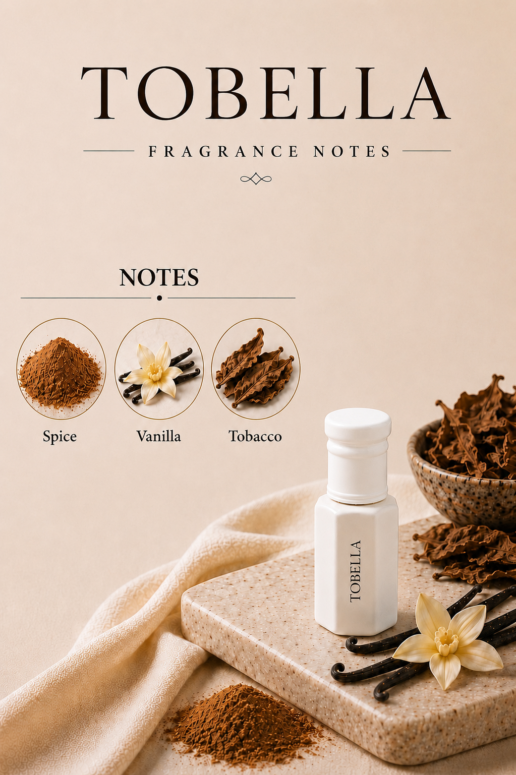 Arhas Tobella fragrance notes - Spices top, Vanilla  heart, Tobacco base