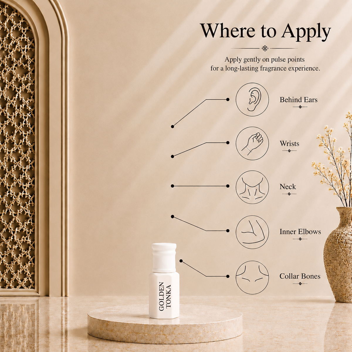 How to apply Arhas Golden Tonka perfume oil - pulse points: behind ears, wrists, neck, elbows, collarbone