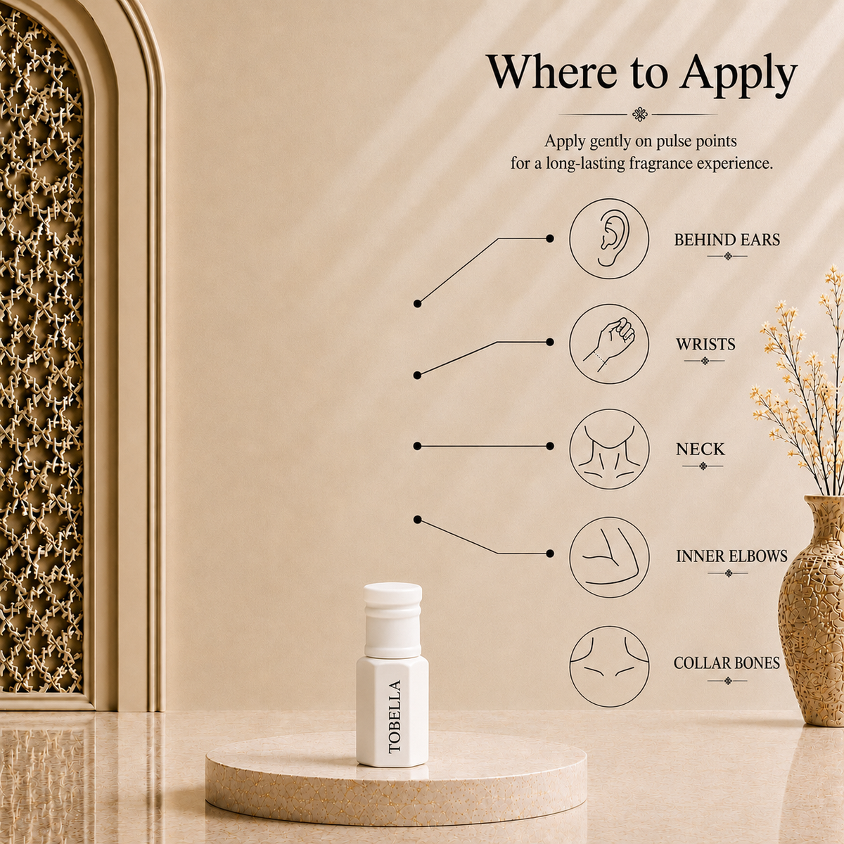 How to apply Arhas Tobella perfume oil - pulse points: behind ears, wrists, neck, elbows, collarbone