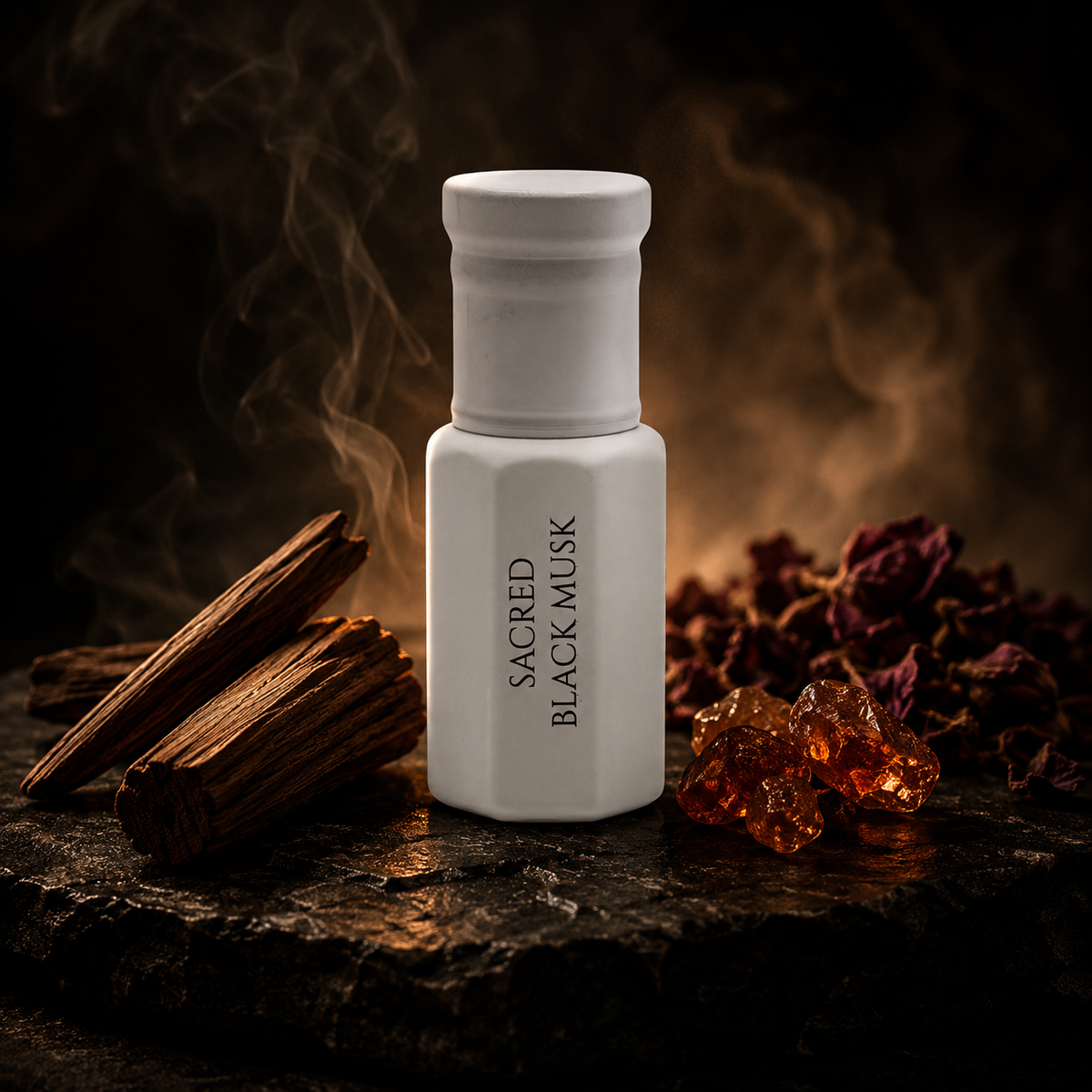 A white cylindrical bottle labeled 'SACRED BLACK MUSK' stands on a dark stone surface with smoky amber lighting, dried rose petals, and brown wood pieces around it.