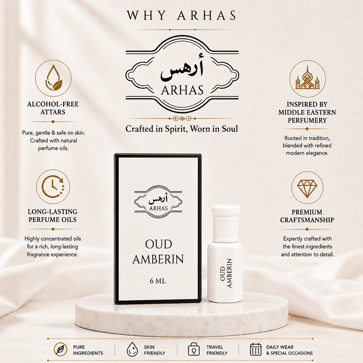 Why choose Arhas Oud Amberin attar  - alcohol-free natural attar oils, long-lasting Middle Eastern inspired perfume, premium craftsmanship