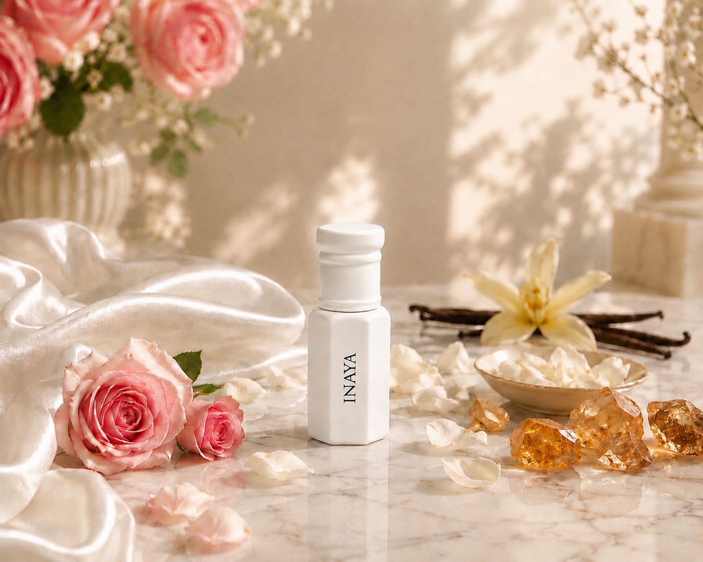 A white perfume oil bottle labeled 'INAYA' stands on a marble surface surrounded by pink roses, white petals, amber crystals, vanilla beans, and draped satin in a softly lit setting.