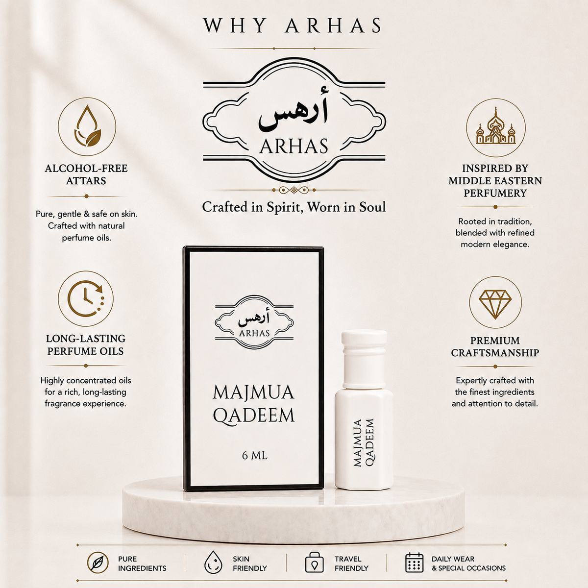 Why choose Arhas Majmua Qadeem - alcohol-free natural attar oils, long-lasting Middle Eastern inspired perfume, premium craftsmanship
