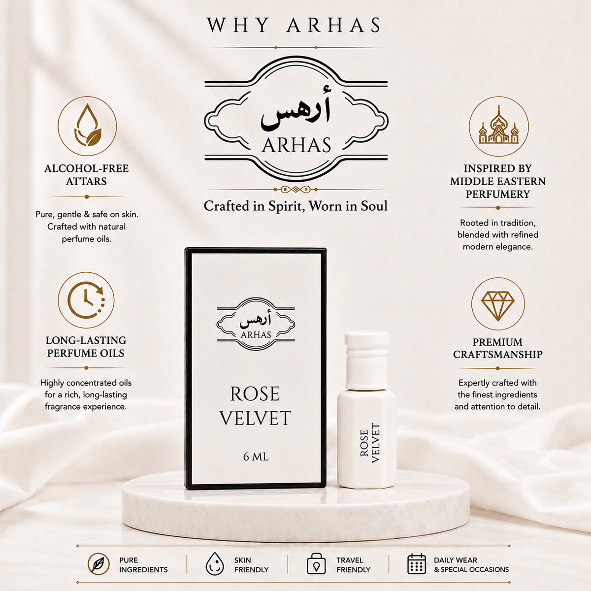 Why choose Arhas Rose Perfume Oil - alcohol-free natural attar oils, long-lasting Middle Eastern inspired perfume, premium craftsmanship