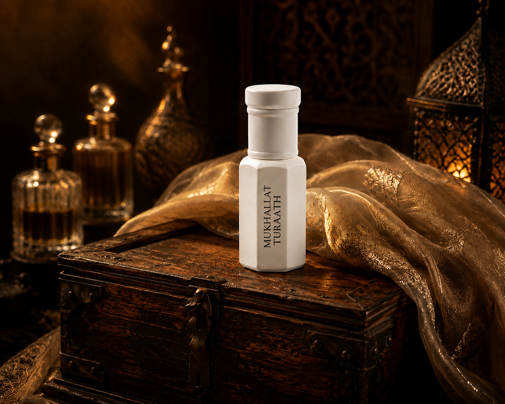A white rectangular bottle labeled 'MUKHALLAT TURAATH' stands on a dark wooden chest draped with shimmering gold fabric, with ornate glass bottles and a lantern in a warm, dark setting.