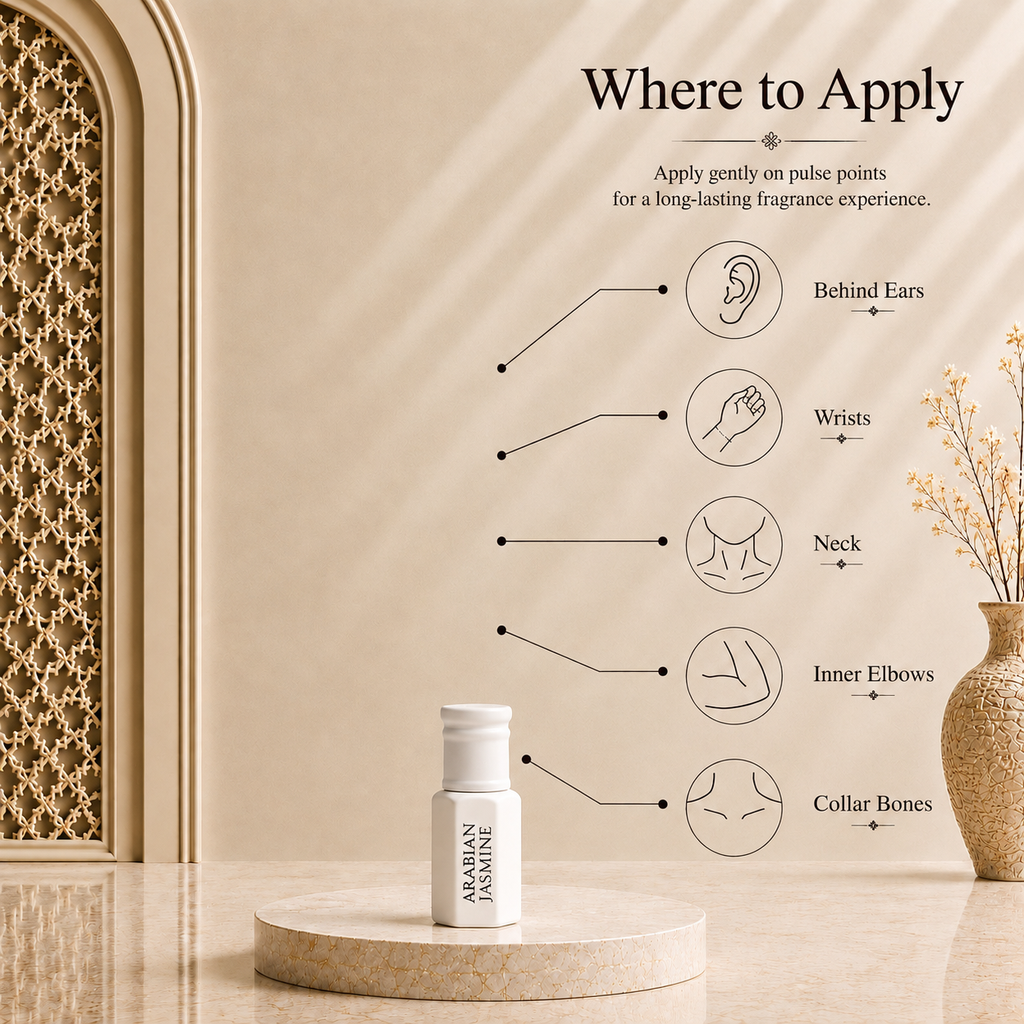 How to apply Arhas Arabian Jasmine perfume oil. pulse points: behind ears, wrists, neck, elbows, collarbone
