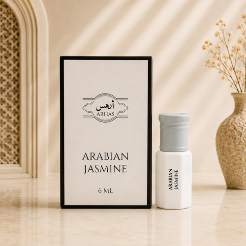 ARHAS Arabian Jasmine attar oil 6ml roll-on bottle beside its retail box