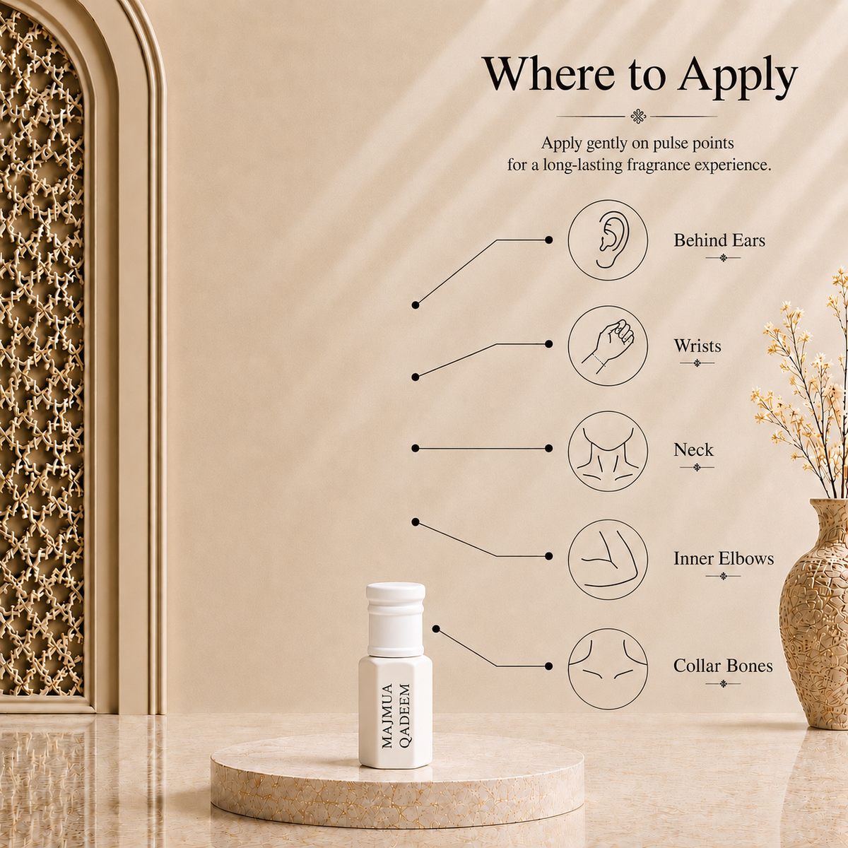 How to apply Arhas Majmua Qadeem perfume oil - pulse points: behind ears, wrists, neck, elbows, collarbone