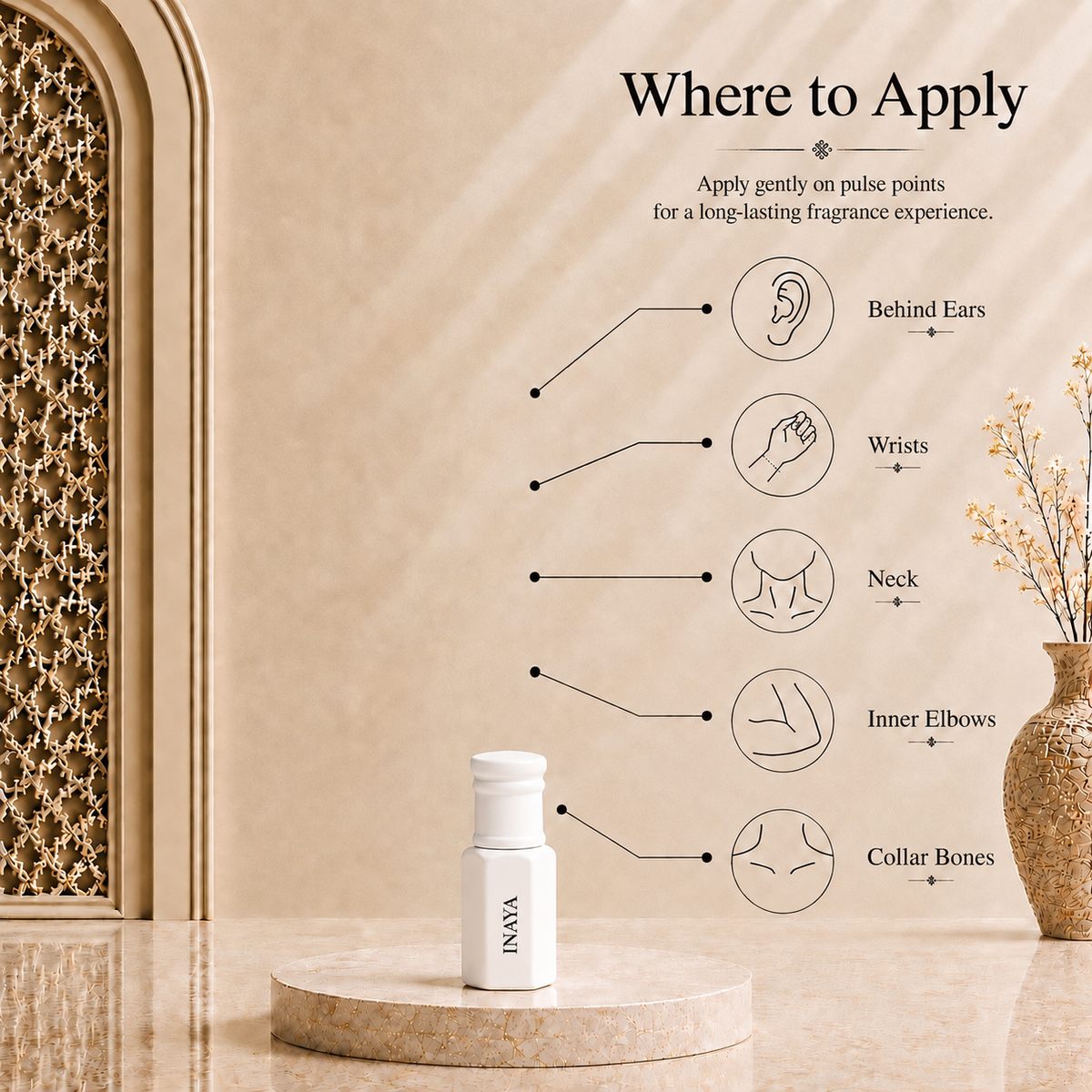 How to apply Arhas Inaya perfume oil - pulse points: behind ears, wrists, neck, elbows, collarbone