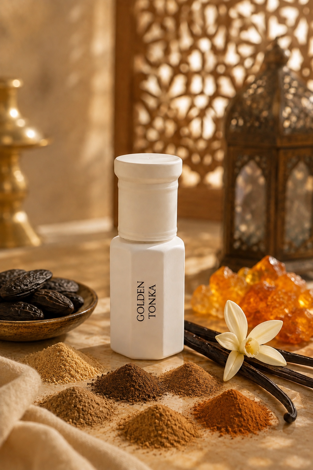 A white bottle of Golden Tonka cosmetic product stands on a styled surface with powder samples, vanilla beans, a flower, and warm decorative props in the background.