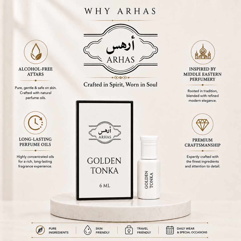 Why choose Arhas Golden Tonka - alcohol-free natural attar oils, long-lasting Middle Eastern inspired perfume, premium craftsmanship