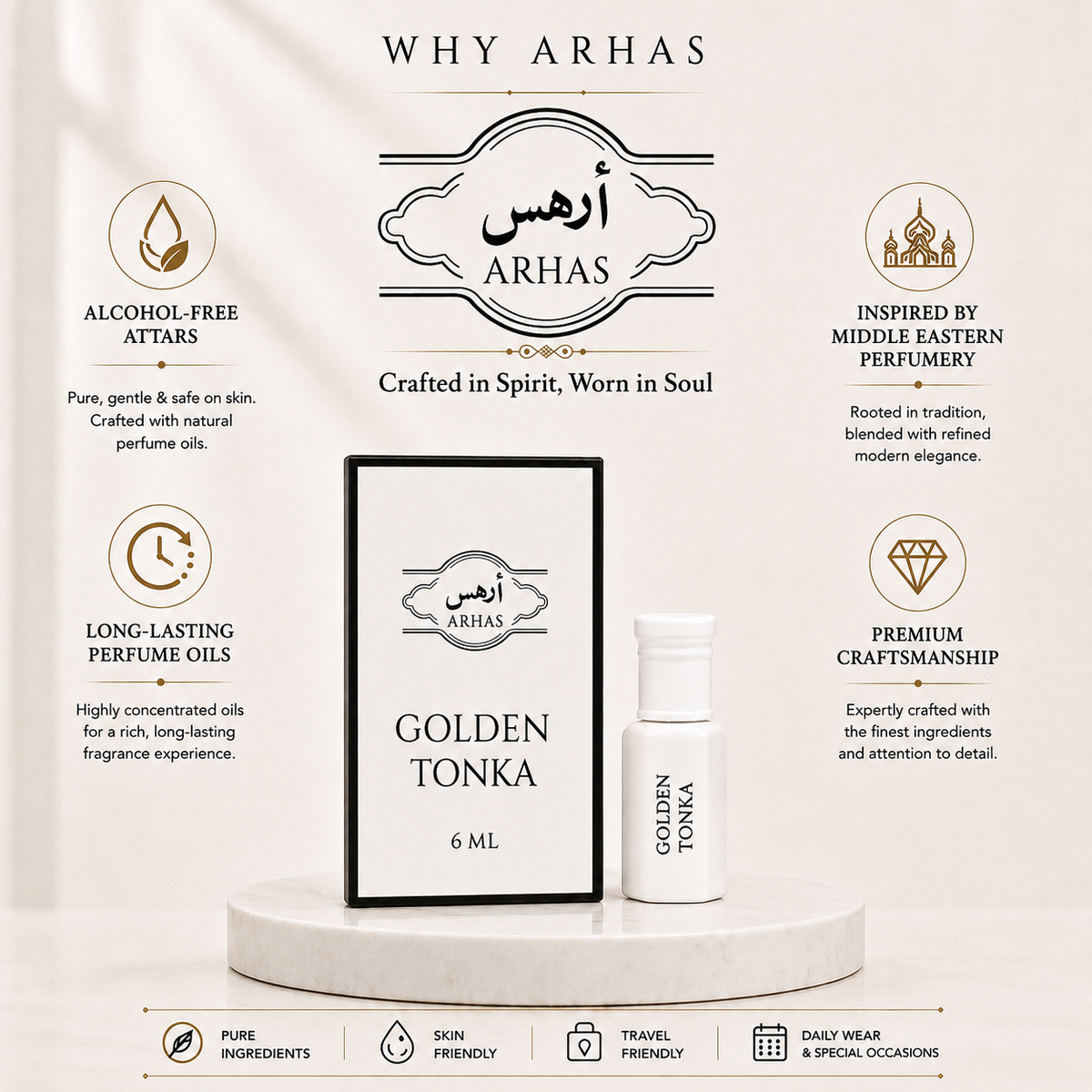 Why choose Arhas Golden Tonka - alcohol-free natural attar oils, long-lasting Middle Eastern inspired perfume, premium craftsmanship