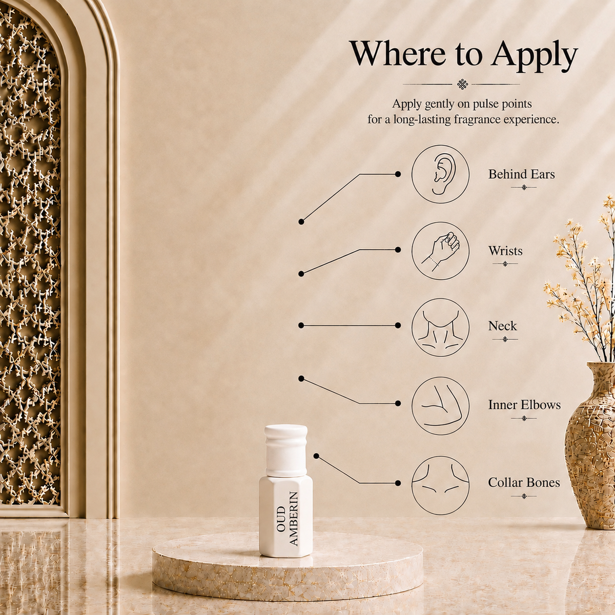 How to apply Arhas Oud Amberin perfume oil - pulse points: behind ears, wrists, neck, elbows, collarbone