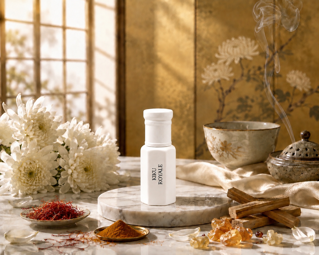 A white bottle labeled 'KIKU ROYALE' stands on a round marble pedestal in a styled indoor scene with flowers, spices, incense, and a warm golden background.