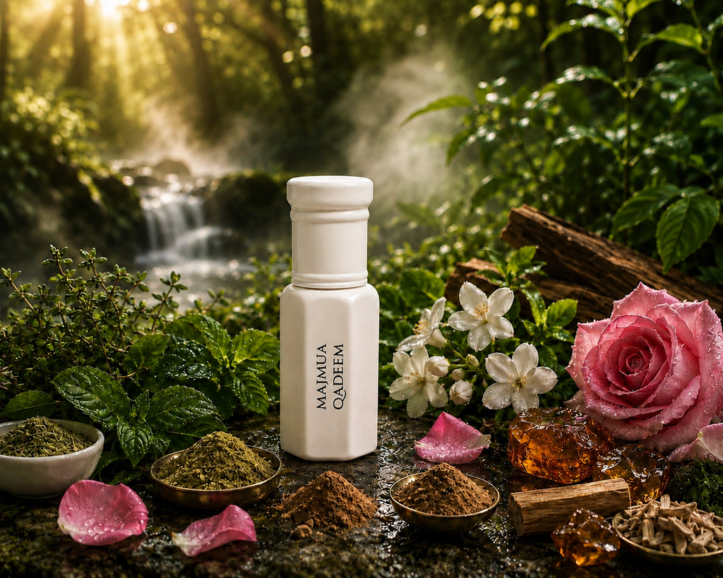 A white cylindrical cosmetic bottle labeled 'MAJMUA QADEEM' stands on a stone surface surrounded by green leaves, pink rose petals, small bowls of powder, amber pieces, and flowers, with a blurred forest waterfall background.