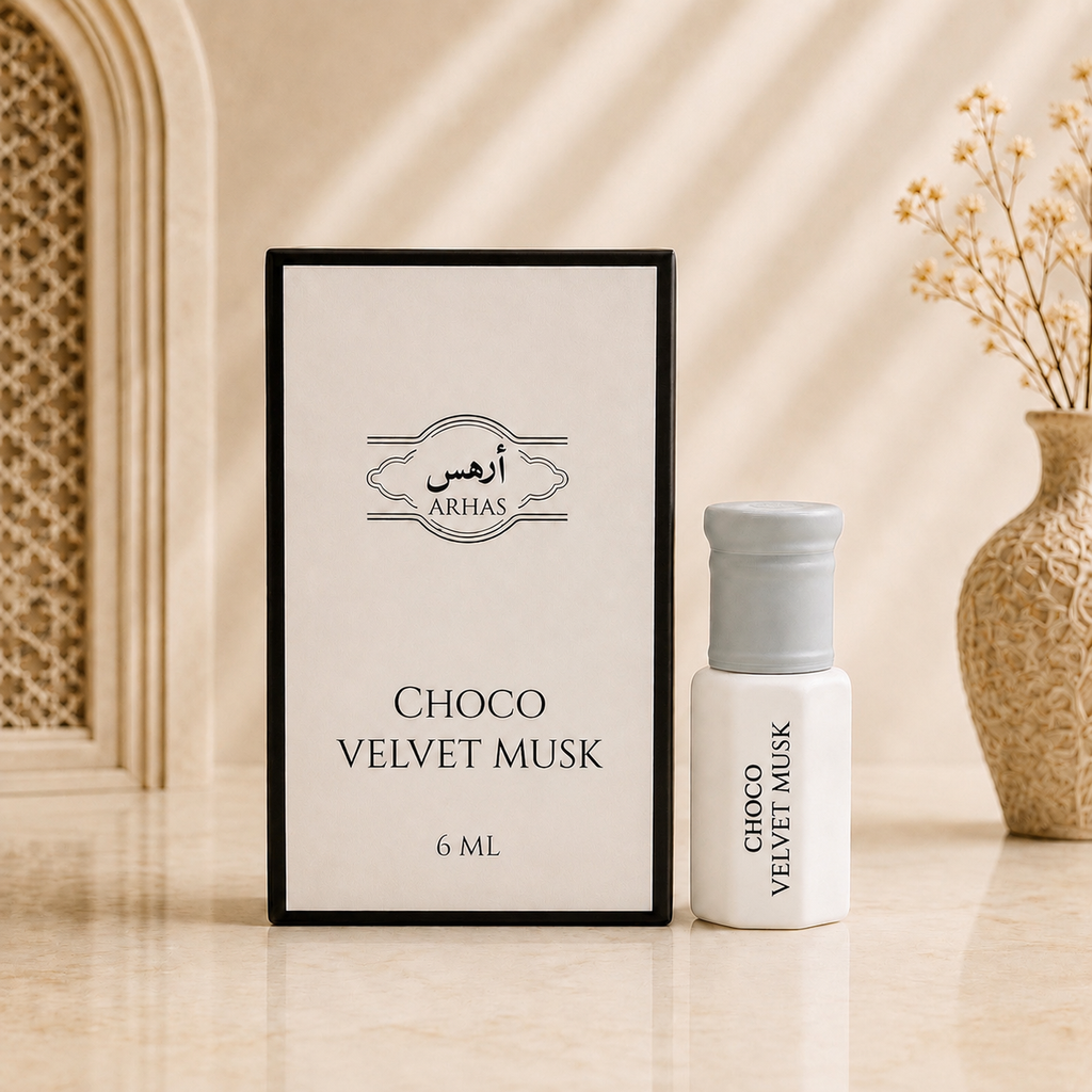 ARHAS Choco Velvet Musk attar oil 6ml roll-on bottle beside its retail box