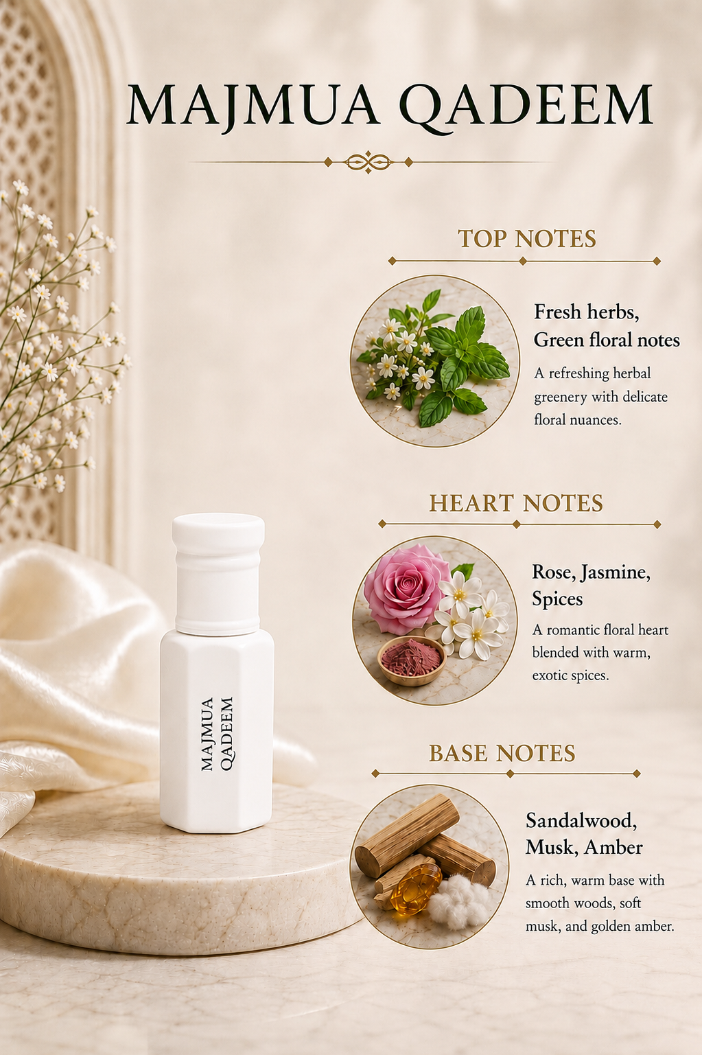Arhas Majmua Qadeem fragrance notes - fresh green floral top, rose jasmine heart, sandalwood and amber base
