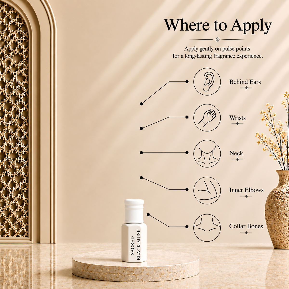 How to apply Arhas Sacred black Musk perfume oil - pulse points: behind ears, wrists, neck, elbows, collarbone
