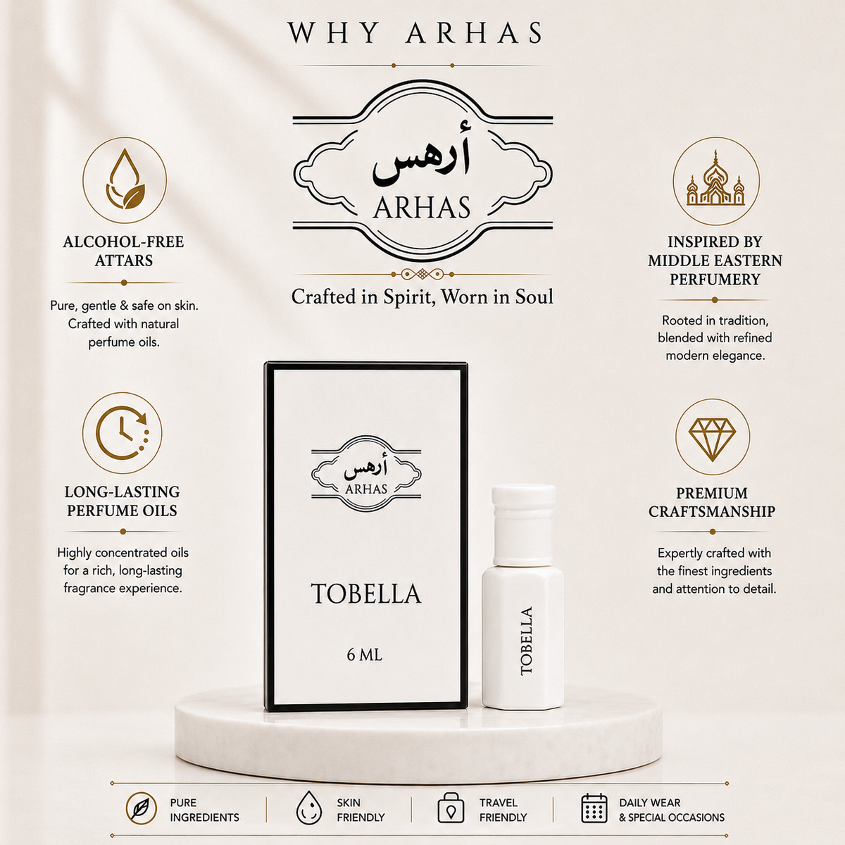Why choose Arhas Tobella - alcohol-free natural attar oils, long-lasting Middle Eastern inspired perfume, premium craftsmanship