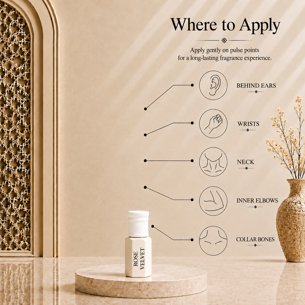 How to apply Arhas Rose Velvet perfume oil - pulse points: behind ears, wrists, neck, elbows, collarbone