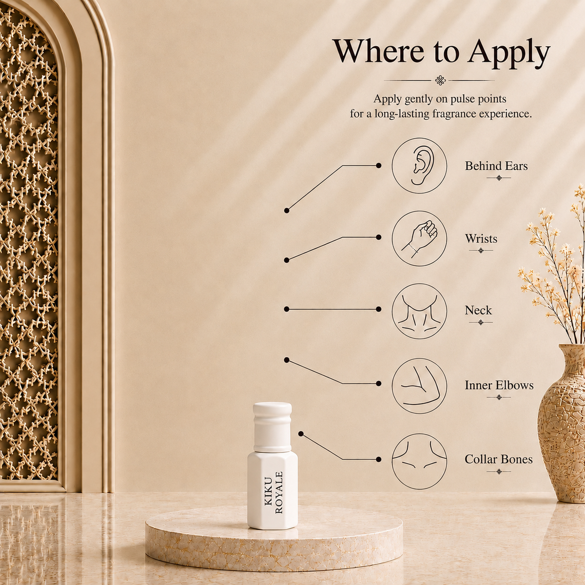 How to apply Arhas Kiku Royale perfume oil - pulse points: behind ears, wrists, neck, elbows, collarbone